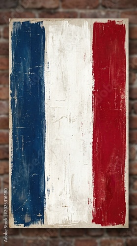 Vibrant blue, white, and red painted flag on a distressed wooden board against brick wall background