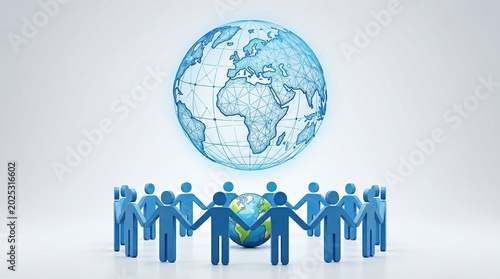 People standing in a circle hold hands around the Earth globe