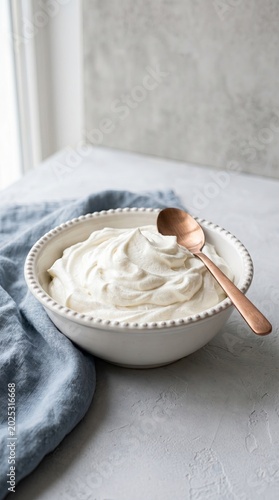 A bowl of creamy yogurt with a copper spoon on a blue cloth near a window on a table.