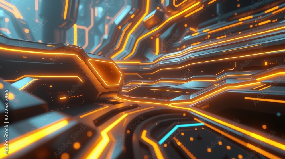 Fototapeta premium Futuristic tunnel, glowing orange lines, dark interior. Digital landscape, abstract geometry, vibrant colors, immersive view.