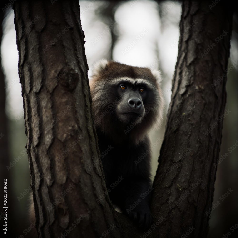 Fototapeta premium In the heart of a lush forest, a striking animal, badger or lemur, sits poised on a sturdy branch. Its curious gaze reflects the mystery of the woods as shadows dance around the trees Generative AI