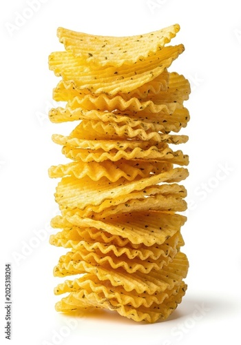 Stack of Ridged Potato Chips with Herbs Isolated on White Background - Crunchy Snack Food Concept