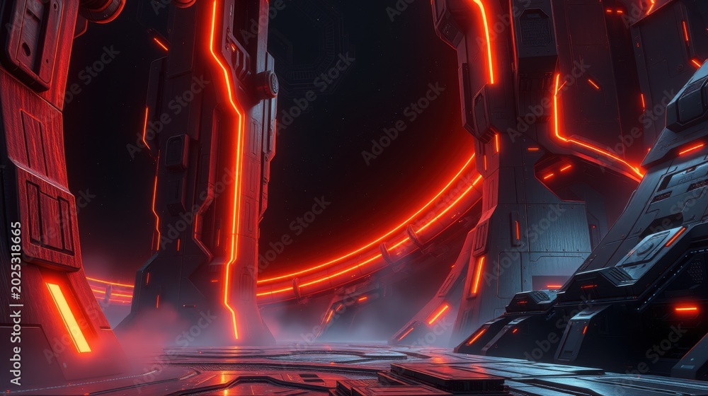Fototapeta premium Futuristic interior, glowing red lines, dark ambiance. Dramatic lighting creates intense visual impact, sleek design.