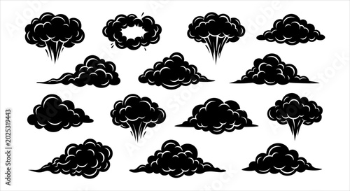 Schilderij op canvas Collection of stylized dark smoke bursts and explosive impact cloud shapes