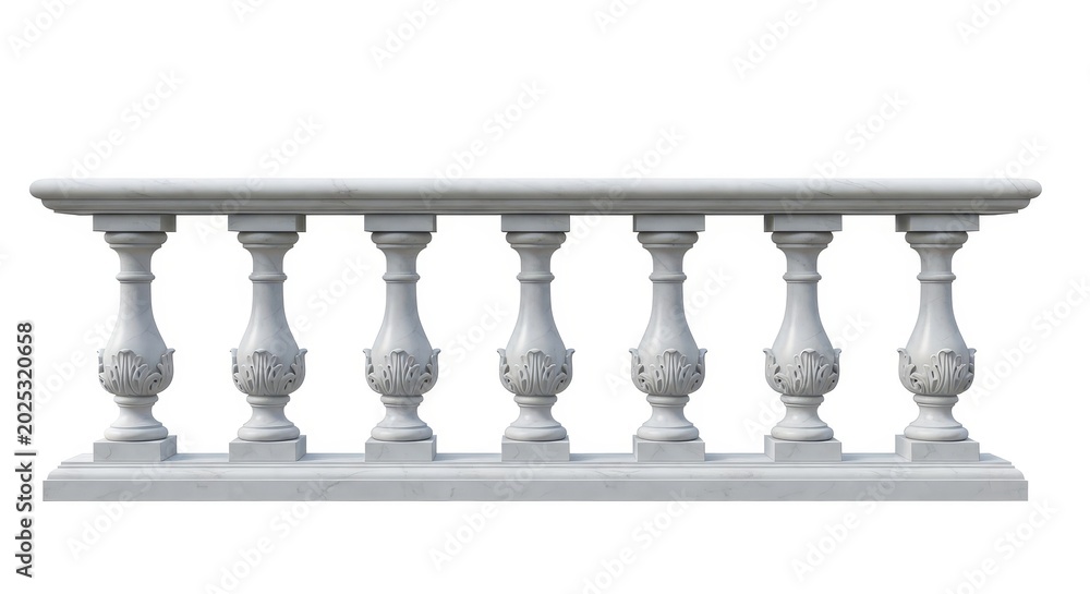 Fototapeta premium Classic White Marble Balustrade with Ornate Balusters Isolated on White Background for Architectural Design