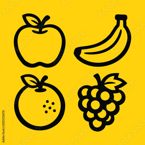 Fresh Fruit Line Icon Set Apple Banana Orange and Grape Black Outline Symbols on Yellow Background for Organic Food Branding Grocery Labels and Healthy Diet Illustrations
