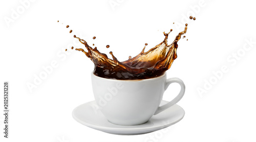 Hot Coffee Splash in White Cup with Saucer Isolated on White Background Vector Illustration