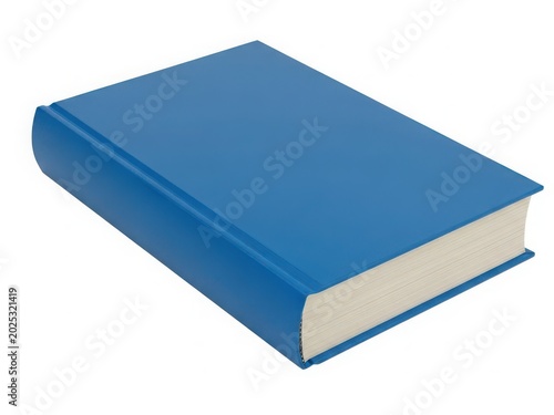 A single hardcover book with a blue cover and white pages, standing upright on a white surface.