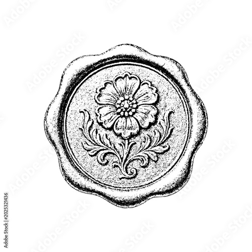 Vintage wax seal with floral design art nouveau hand drawn embossed impression document authority official