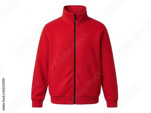 A vibrant red jacket with a full zipper and elastic cuffs displayed against a white background