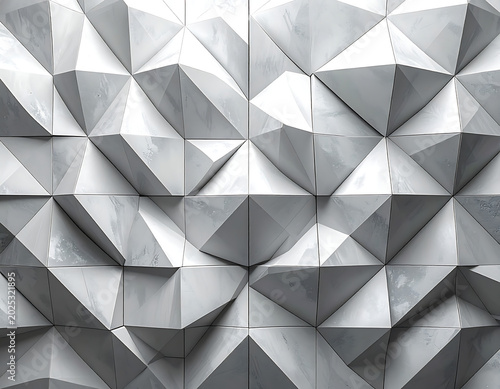 A close-up view of a metallic wall composed of numerous triangular panels arranged in a geometric pattern.