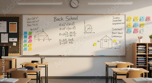 Classroom view with desks and whiteboard covered with math equations and sticky notes