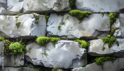 Moss grows on old weathered stone wall with green plants and rugged texture