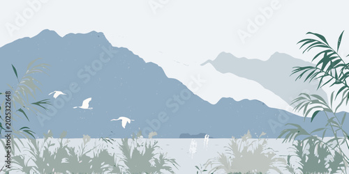 Photography mountain landscape with birds and reeds stylized illustration