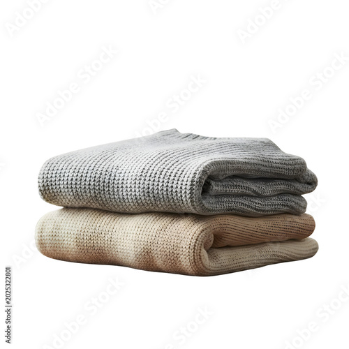 Stack of three cozy knitted sweaters in neutral colors isolated on a transparent background