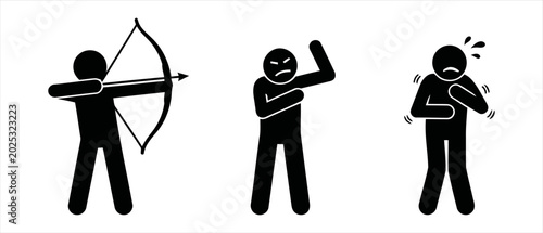 Fotografie Illustrations of human stick figures engaging in archery, feeling arm discomfort