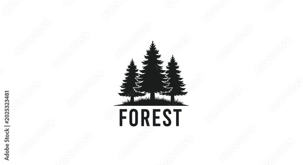 Obraz premium Black Silhouette of Pine Trees and Forest Text on White Background