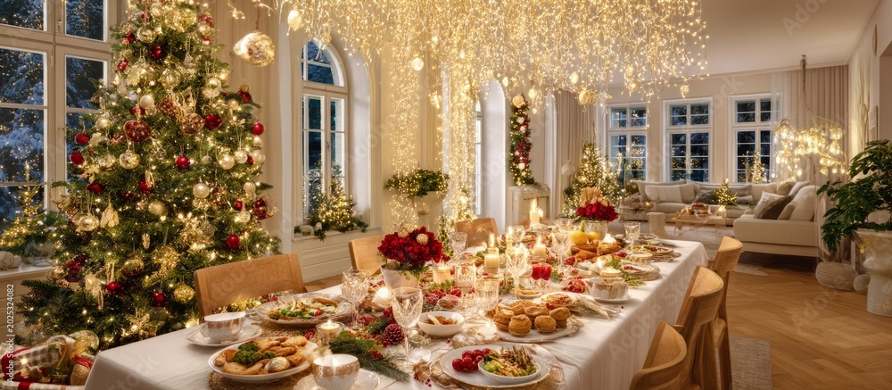Fototapeta premium Festive Dining Table Decorated with Lights for Holiday Gathering
