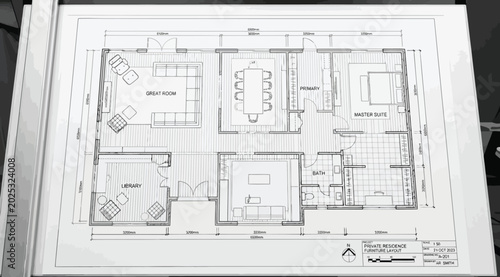 Photos Architectural floor plan of a private residence furniture layout, detailed bluep