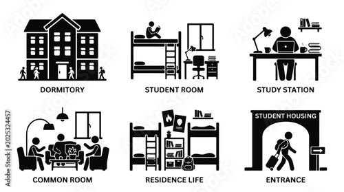 Black and white icons depicting various college dormitory settings and rooms