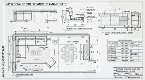Tableau sur toile Detailed cad furniture planning sheet for living area interior design