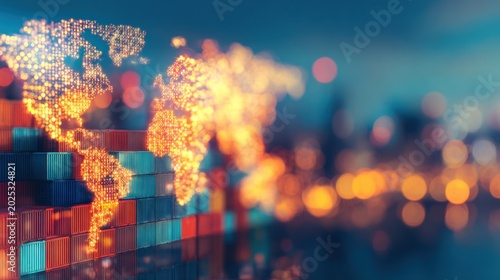 Global trade concept with colorful shipping containers and city lights at night