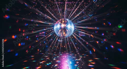 A disco ball hangs from the ceiling reflecting light in a dark room with colorful reflections on floor