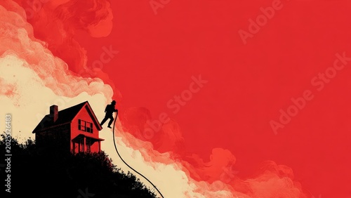 Silhouette of Person Spraying Firefighting Foam on House Fire in Dark Landscape with Red Sky
