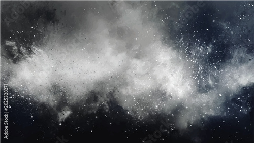 Fotografie Explosion of white powder on black background with particles and smoke
