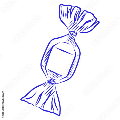 Hand drawn vector sketch of candy in wrapper, blue line art on white background