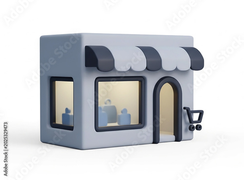 3D storefront icon with store window and awning isolated on white background