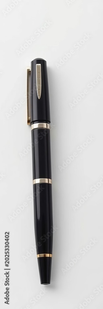 Naklejka premium A sleek black fountain pen sits alone on a pristine white surface, office, simplicity