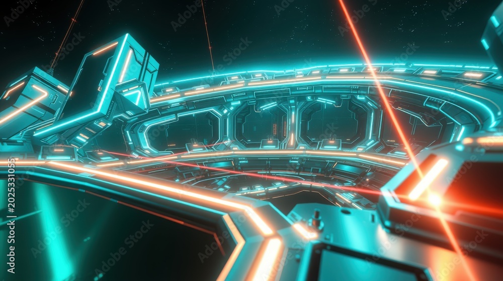 Fototapeta premium Futuristic digital landscape. Glowing neon lines form complex structures, creating abstract tunnel effect. Dark background emphasizes vibrant colors.