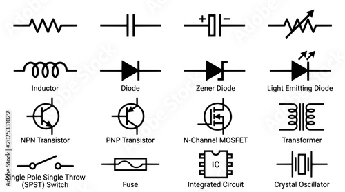 Electronic components set with inductors, diodes, transistors, and more in black and white featuring zener diode, light emitting diode, npn