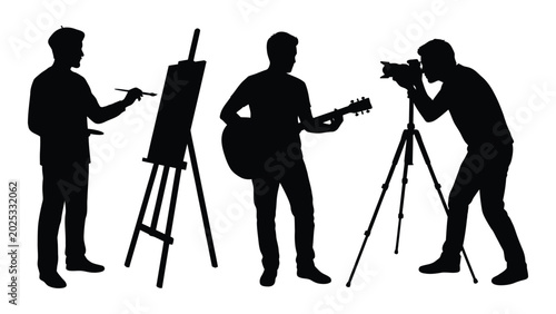 Schilderij op canvas silhouettes of artist painting musician playing guitar and photographer with cam