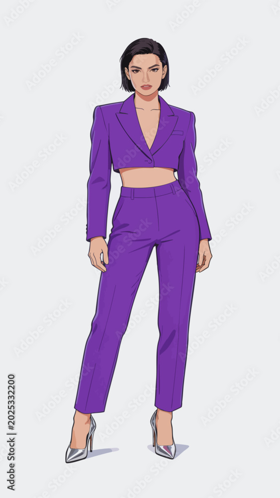 Fototapeta premium Fashionable cropped purple suit outfit on female model