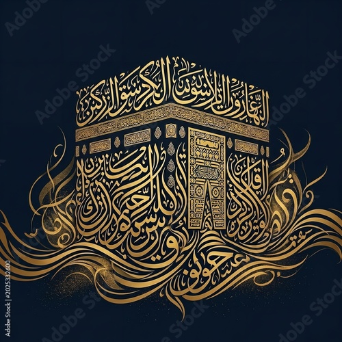 Luxury Islamic Art of the Holy Kaaba Formed with Intricate Golden Arabic Calligraphy and Elegant Thuluth Script Patterns on a Dark Navy Blue Background.
