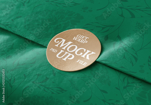 Gift Wrap Paper Mockup Close Up With Luxury Gold Round Sticker