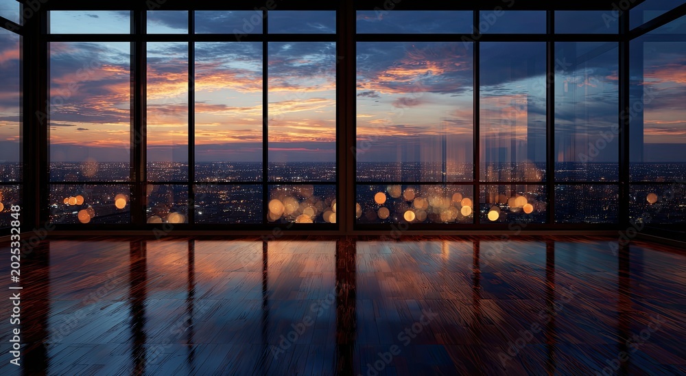 Fototapeta premium Expansive city view through large windows at twilight, reflections on polished floor