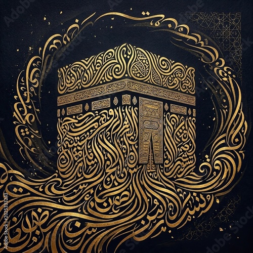 Premium Islamic Art of the Holy Kaaba Formed by Elegant Golden Arabic Calligraphy and Abstract Ornamental Swirls on a Dark Luxury Background.