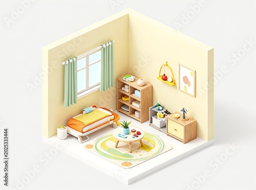 Minimalist Isometric Childrens Bedroom Diorama in Pastel Colors