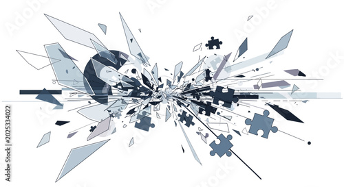 Photos Abstract geometric explosion with shattering puzzle pieces on white background