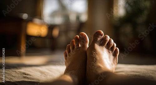 Close-up of bare feet resting on a textured surface in warm, soft light