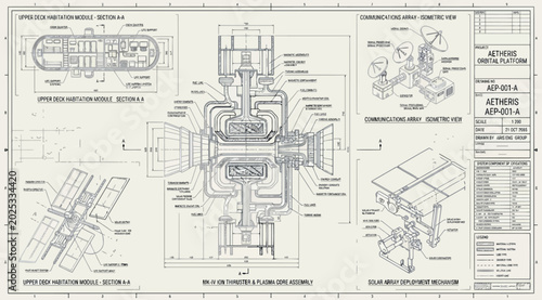 Fotografía Technical blueprint of a space station module and propulsion system