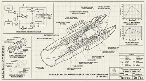 Foto Technical schematic of a variablecycle scramjet pulsedetonation hybrid engine