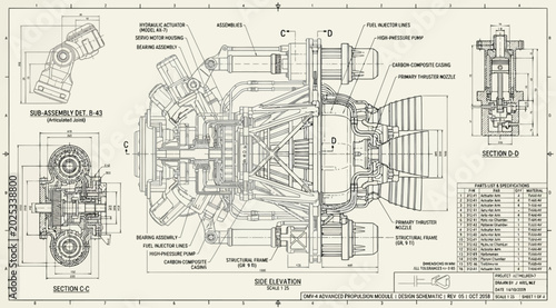 Bild auf Leinwand Technical schematic of an omv4 advanced propulsion module with crosssection view