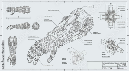 Fotografía Technical blueprint of an advanced robotic exoskeleton arm with detailed mechani
