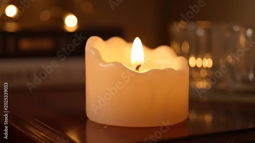 Close-up of a lit candle with a soft, warm glow in a dark room.