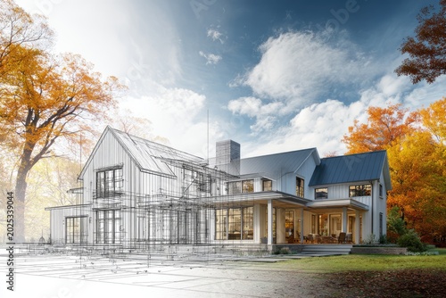 Architectural sketch transitions into a modern farmhouse with autumn foliage