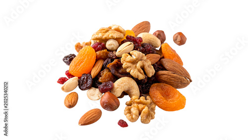 Schilderij op canvas A healthy snack mix heap of assorted organic nuts and dried fruits including rai
